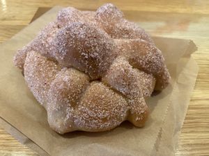 Pan de muerto with guava filling   at Tepito Coffee in Pasadena