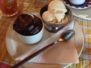 Vegan ice cream and chocolate muffin at the Lastbus Works Canteen. at Lastbus Works Canteen in New Pitsligo