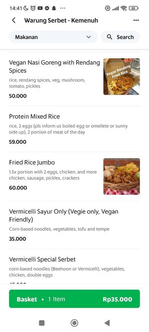Some vegan/veggie options on the menu at Warung Serbet in Ubud