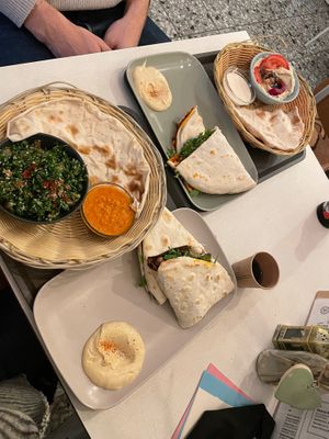 Menue with filled Manakish, Tabouleh, Dips and bread  at elbēn an der Wolbecker in Muenster