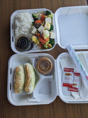 Fried tofu spring rolls (bottom). Steamed veggies and rice (top). at Miss Saigon in Tucson