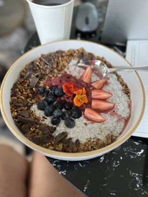 Strawberry Rose Breakfast Bowl w/chia seed pudding   at Pete's Bagels and General Store in Tampa