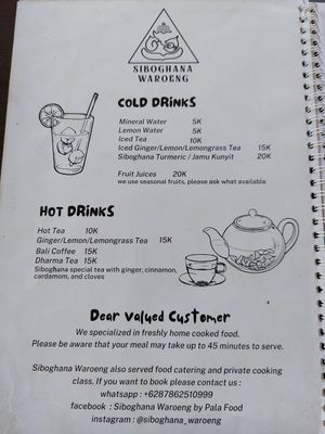 Menu at Siboghana Waroeng in Ubud