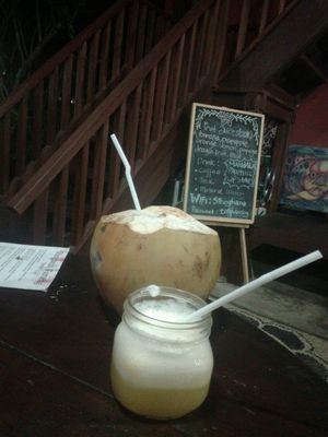 Fresh coconut and pineapple/orange mixed juice at Siboghana Waroeng in Ubud
