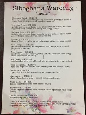 Menu at Siboghana Waroeng in Ubud