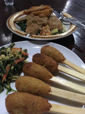 Sate lilit in the foreground, gado gado in the back at Siboghana Waroeng in Ubud