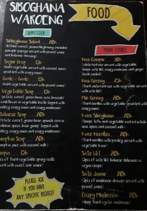 Menu at Siboghana Waroeng in Ubud