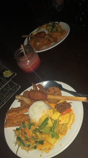 Nasi Campur and fresh watermelon juice  at Siboghana Waroeng in Ubud