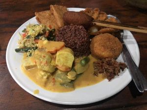 Nasir Campur with red rice at Siboghana Waroeng in Ubud
