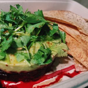avocado lime and beetroot tuna tartare with taro chips at Planta - Brentwood in Los Angeles