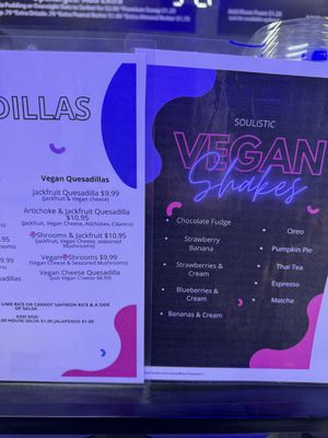 NEW vegan menu items: vegan quesadillas and vegan shakes  at Soulistic in Lancaster