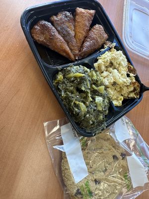 Maple chik’n and Old Bay chik’n with creamy vegan mac & cheese, seasoned collard greens, and a chocolate chip cookie on the side. 🌱  at Elife in Capitol Heights