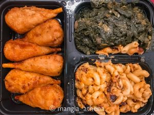 Drumettes, collard greens, and cashew Mac and cheese. Delicious!!  at Elife in Capitol Heights