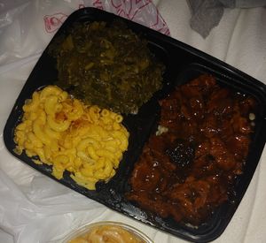 Vegan jerk chickn with rice, collards, and cashew mac at Elife in Capitol Heights