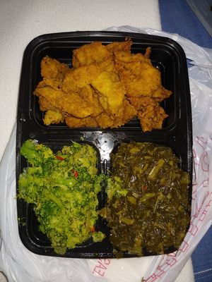Vegan chickn filets, collards, and broccoli at Elife in Capitol Heights