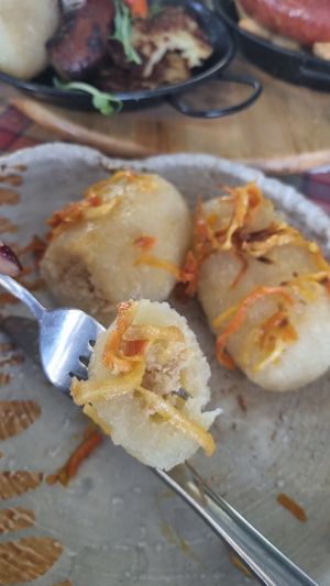 vegan potato dumplings. the only vegan item on the menu  at Bernelių Užeiga - Smuklė in Kaunas