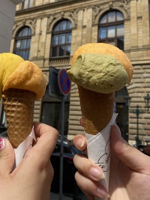 Peach and pistachio gelato  at Angelato in Prague