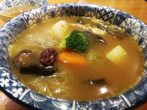 spicy soup with veggies and rice noodles at Xiafei Valley Fashion Vegetable Cuisine - 霞飛谷時尚蔬食料理 in Hualien