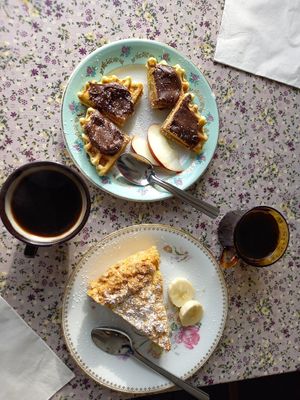 Matcha waffle with hazelnut chocolate spread, and apple crumble pie. at Les Ursulines in Dieppe