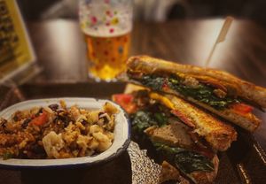 Fried rice and chicken and bacon sandwich. at The Flying Duck in Glasgow
