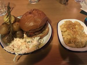 Christmas Seitan Burger (with facon and stuffing) with side of Mac and ‘Cheese’ at The Flying Duck in Glasgow