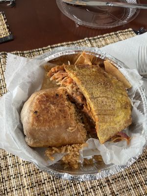 Half a Burrito and half a Patacon. Sharing fun!!!  at The Vegan Factory in Linden