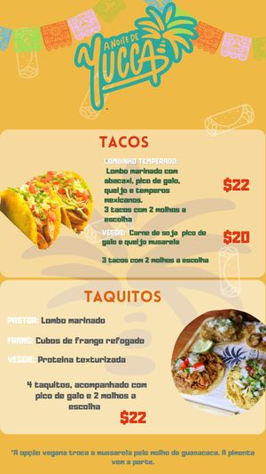 Menu (tacos and taquitos) at A Noite De Yucca in Arraial Do Cabo