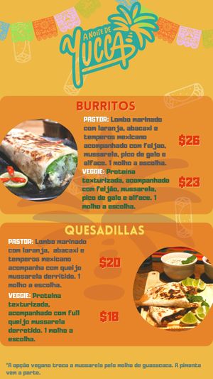 Menu (burritos and quesadillas) at A Noite De Yucca in Arraial Do Cabo