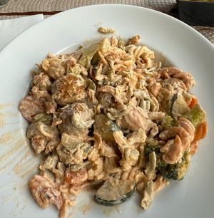 Veggie meatball pasta at O Riquim in Povoacao