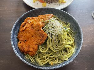 Pesto con anticuchos (seitán)  at Satiba Therapy Coffee Shop in Arequipa