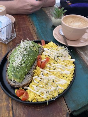 Salty protein breakfast offer & coffee with soy milk   at Satiba Therapy Coffee Shop in Arequipa