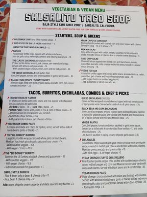 Vegetarian and vegan menu at Salsalito Taco Shop in Sausalito