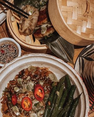 Vegan Yaki Udon & Mushroom Dumplings  at Tiger Wok in Hurghada