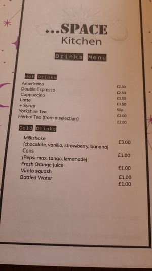 Drinks menu (oat milk available) at Space Runcorn in Runcorn