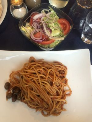 Spaghetti Arabiatta and Mixed Salad  at Veciu Muin in Riomaggiore