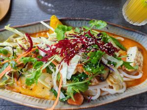Tofu in Curry-Kokos Soße, Kürbis, dazu Udon Nudeln at Udonge Vegan Cuisine in Potsdam