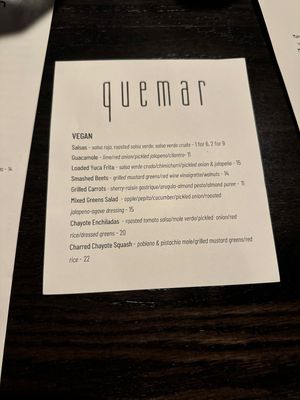 Quemar Vegan Menu  at Quemar in Virginia Beach