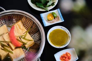 Steamed tofu with Vietnam coriander  at Tiem Chay Vo Uy in Da Lat