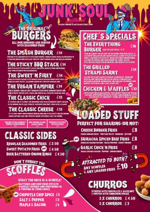 Current Menu (as of May 2024) at Junk Soul Smothered Bar & Grill in Beverley