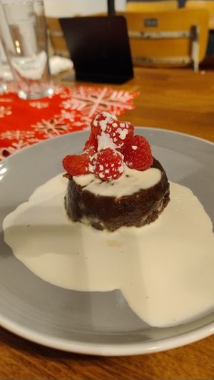 Vegan Christmas pudding with brandy cream at Junk Soul Smothered Bar & Grill in Beverley
