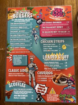 Menu July 2025  at Junk Soul Smothered Bar & Grill in Beverley