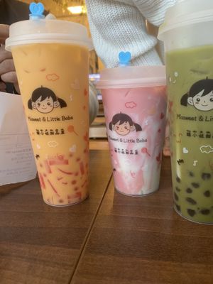 Mango milk tea, strawberry milk tea, matcha milk tea  at Little Boba Cafe in Sheffield