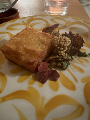 Potato terrine, Brussels sprouts, pickled mustard seeds  at V'italian in Copenhagen