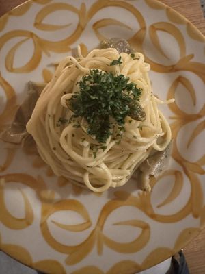 Pasta, artichoke, caper chips  at V'italian in Copenhagen