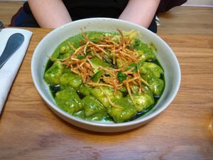 Gnocchi with pesto and fried potato on top at V'italian in Copenhagen