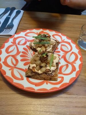Bruschetta (focaccia bread topped with mayonnaise and marinated  turnip?) at V'italian in Copenhagen