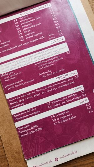 Menu fresh drinks at Roxo Lunchcafé in Zutphen
