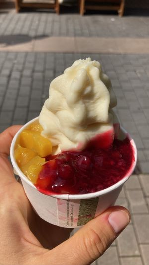 Small Soy froyo with berry compote, mango and dark chocolate  at YOMARO in Dortmund