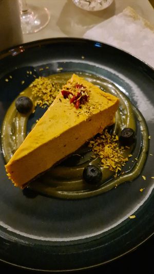 Raw Golden Milk Cheesecake at Gratitude Restaurant in Munich