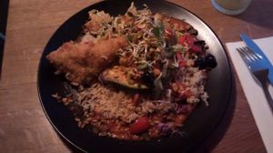 Grilled Avocado w/ Tempeh, Rice and Salad w/blueberries at Gratitude Restaurant in Munich